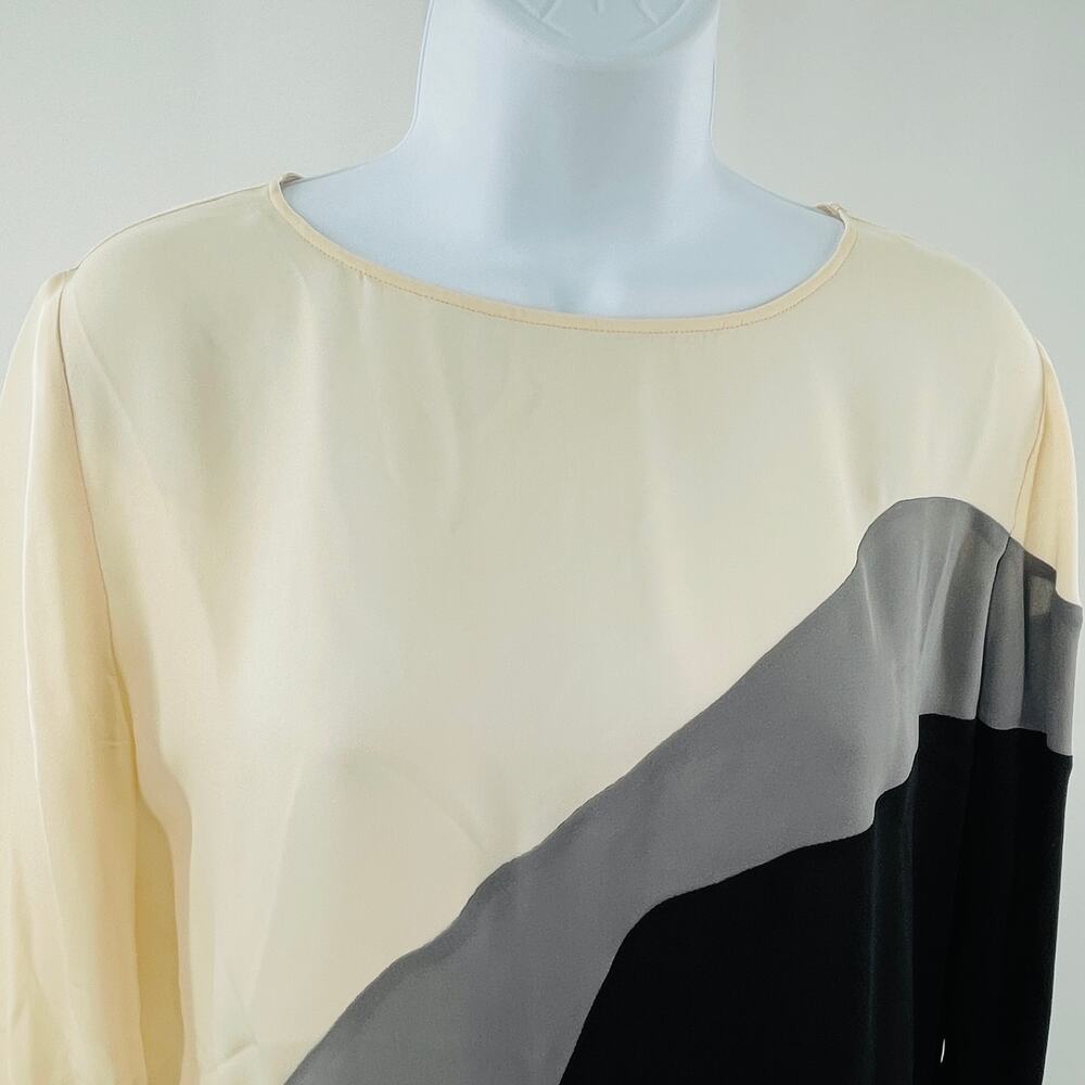 Halston Heritage Cream Gray Black Asymmetrical Silk Long Sleeve Blouse Top XS - Picture 5 of 11